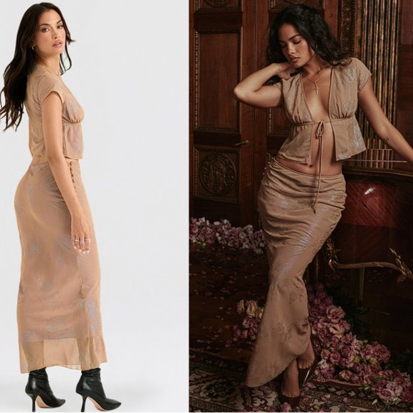 HOUSE OF CB Maia & Dyana Shimmer Cafe Au Lait Bias Maxi Skirt Set NWOT - Picture 5 of 8